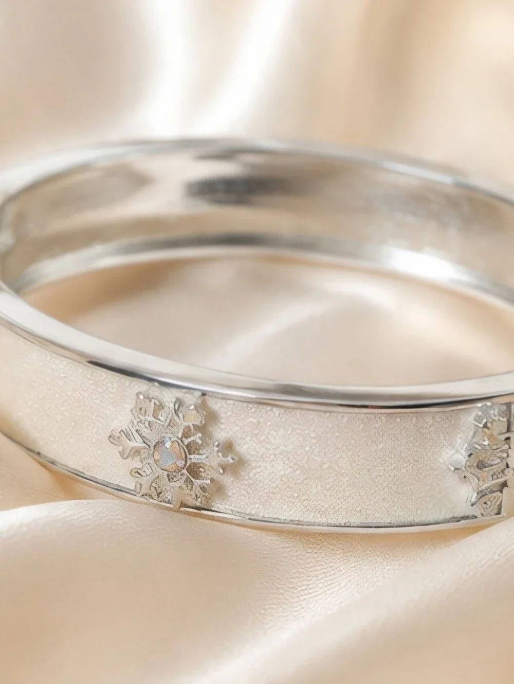 Icy Snowflake Hinged Cuff Bangle Bracelet – Silver Tone Frosted Finish